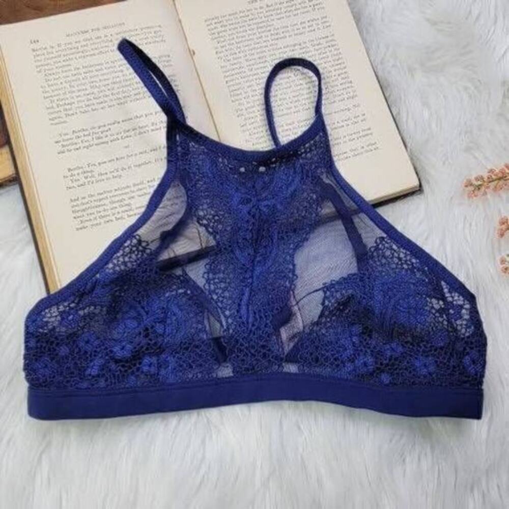 Victoria's Secret‎ Women High Neck Crochet Mesh Body Bralette Blue Size Small